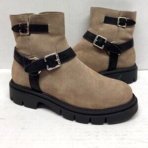 MIZ MOOZ NUBUCK LEATH BOOTS SIDE ZIP BUCKLE HARNESS TAUPE 37EU / 7US NEW Z-239